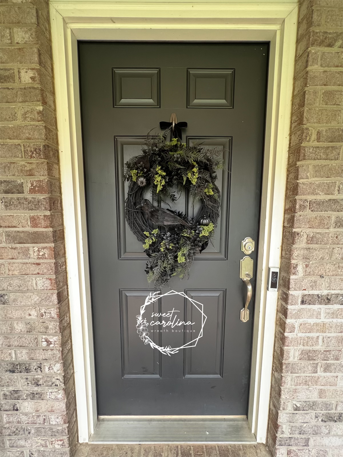 Crow Halloween Wreath with Black and Moss Green Accents