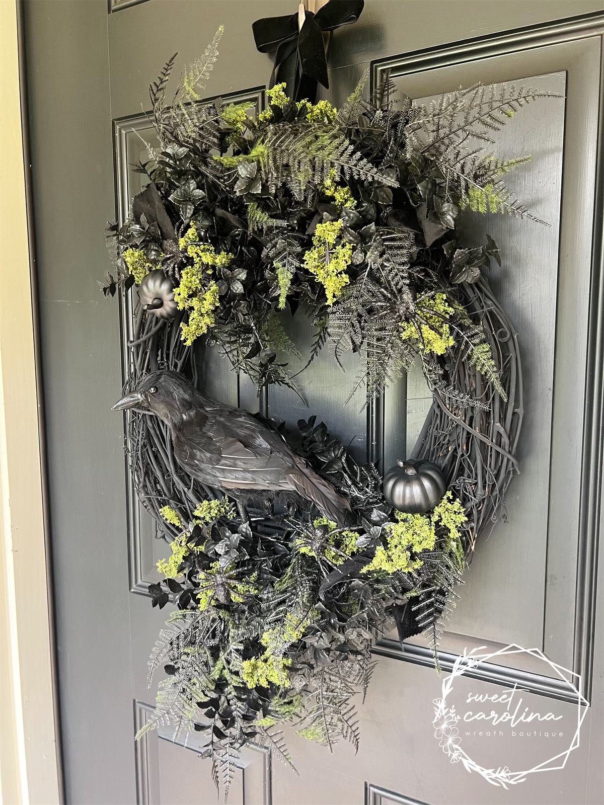 Crow Halloween Wreath with Black and Moss Green Accents