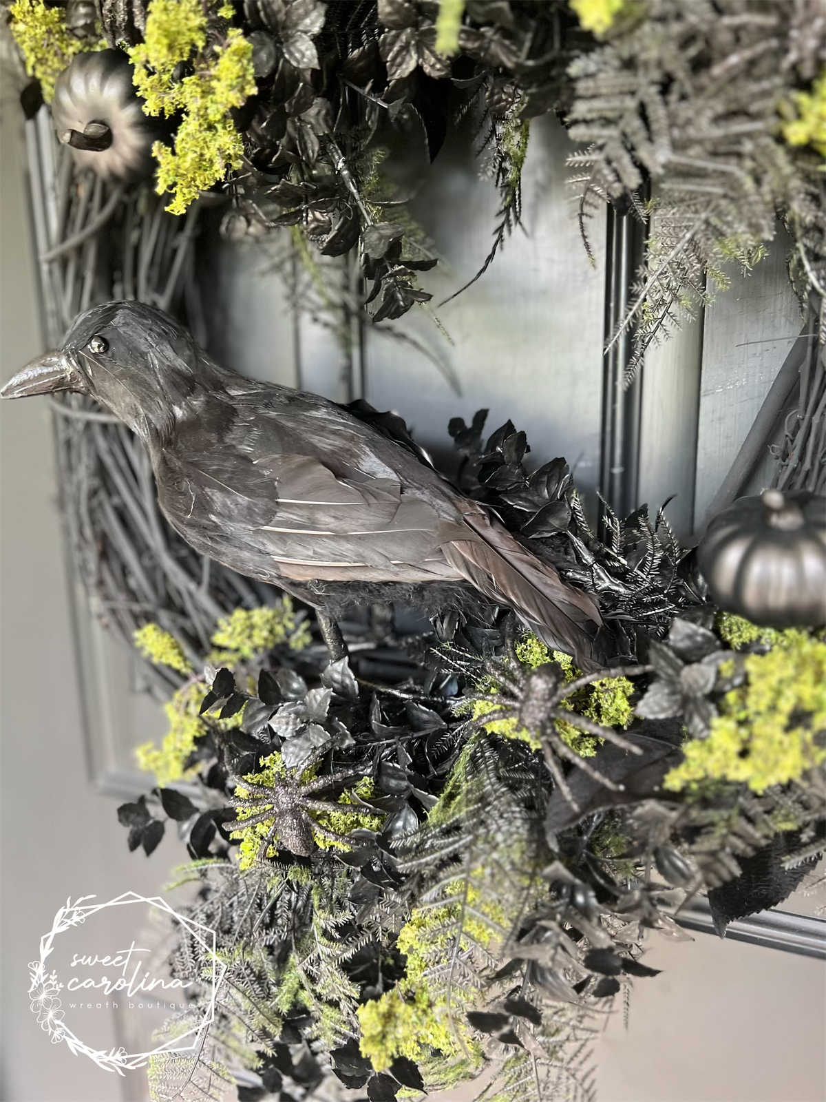 Crow Halloween Wreath with Black and Moss Green Accents