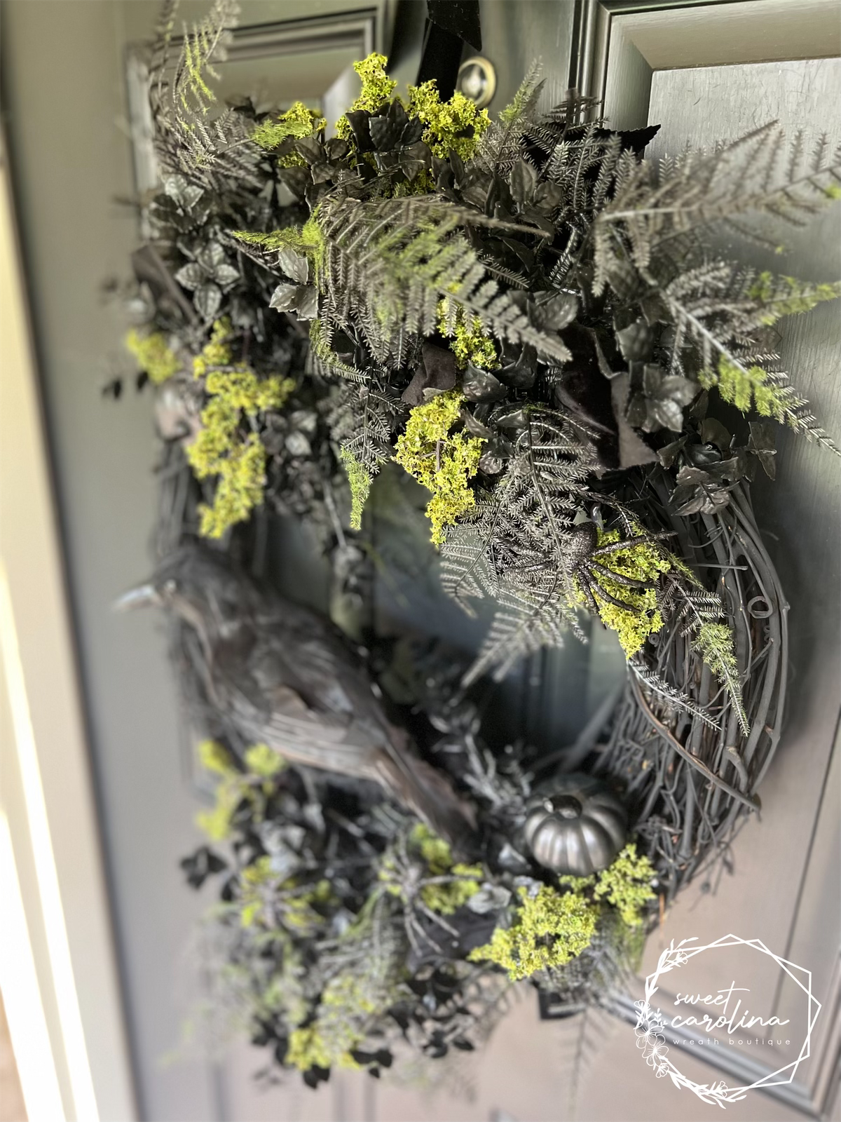 Crow Halloween Wreath with Black and Moss Green Accents