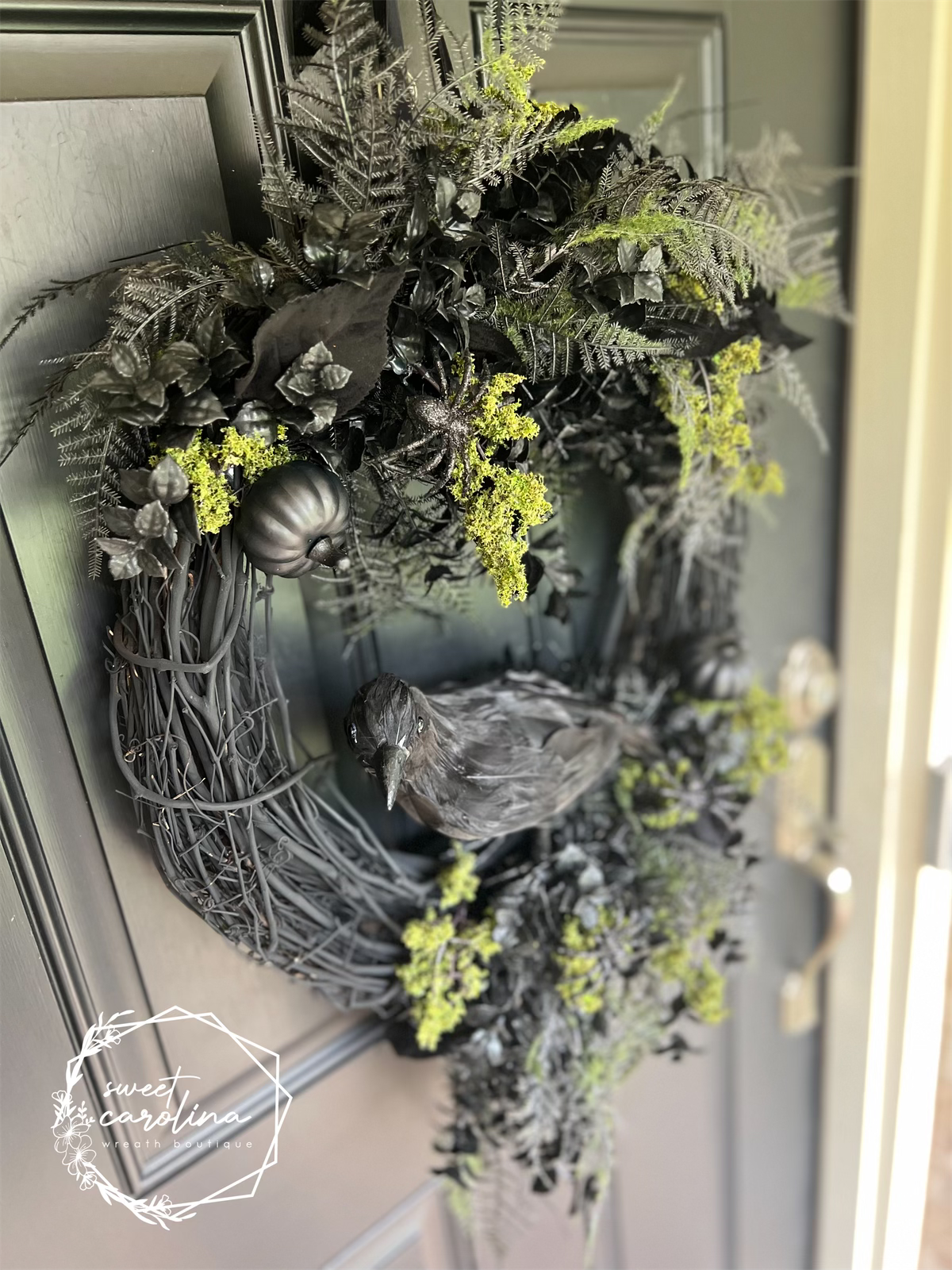 Crow Halloween Wreath with Black and Moss Green Accents