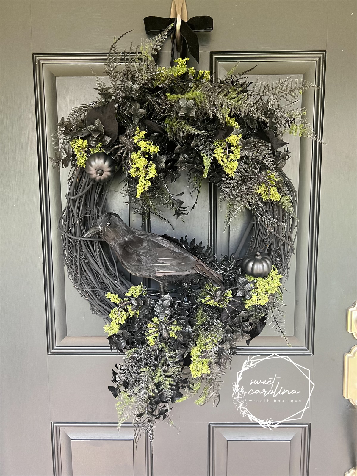 Crow Halloween Wreath with Black and Moss Green Accents