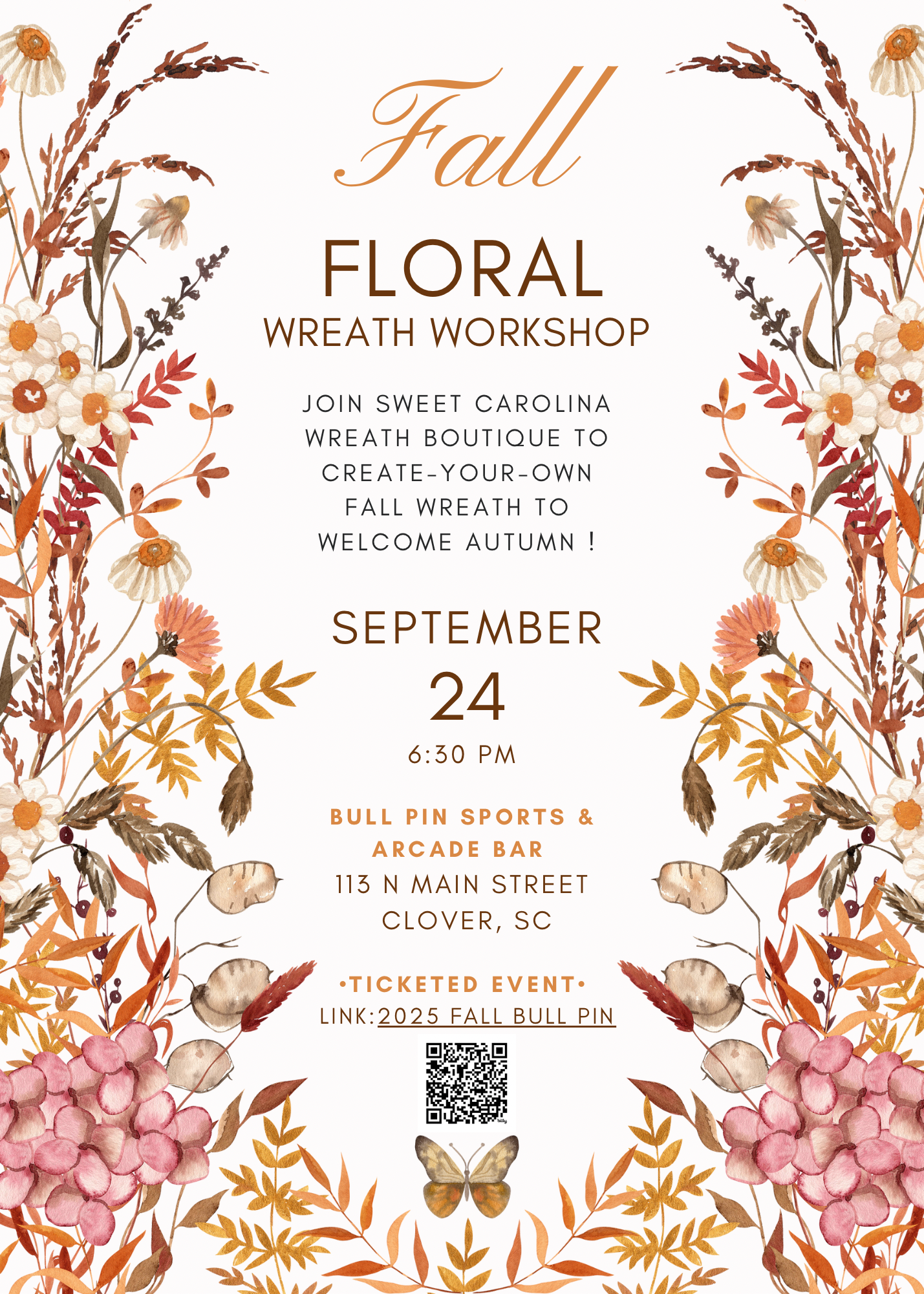 2025 Fall Floral Wreath Workshop- Bull Pin Sports & Arcade Bar
