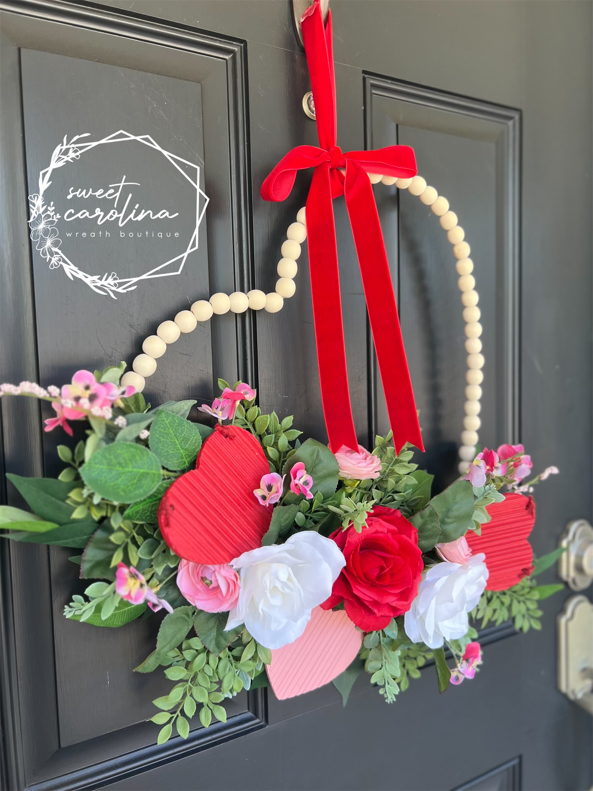 Wooden Bead Heart Wreath with Floral and Heart Arrangement