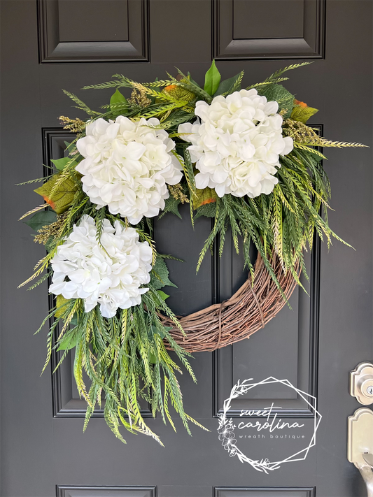 “Willow” Draped Greenery and White Hydrangeas