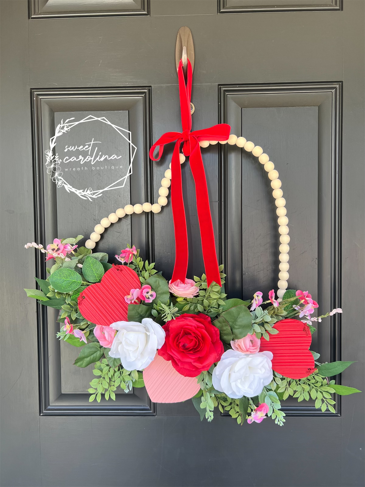 Wooden Bead Heart Wreath with Floral and Heart Arrangement